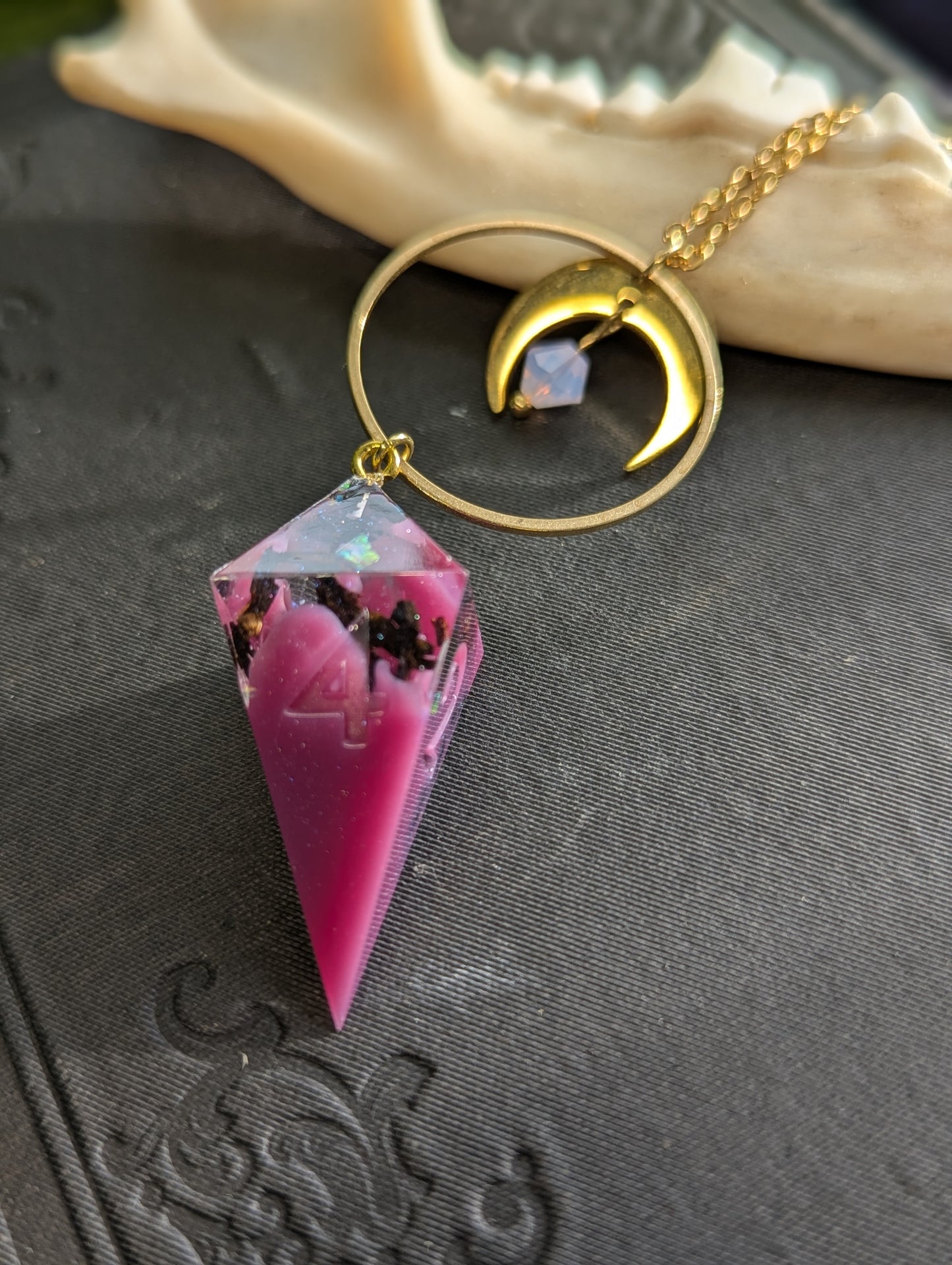 Huckleberry Tea & Crystal d4 Dice Necklace