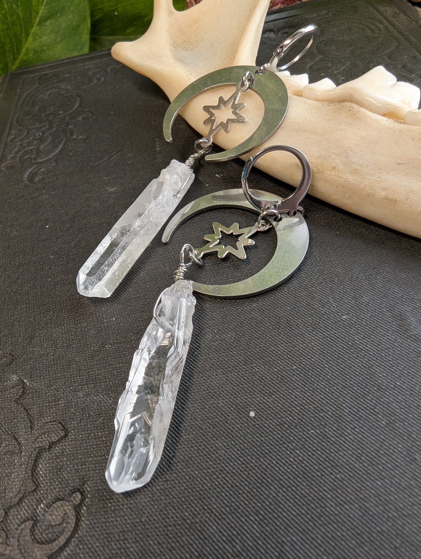 Raw Quartz Crystal Crescent Moon Earrings