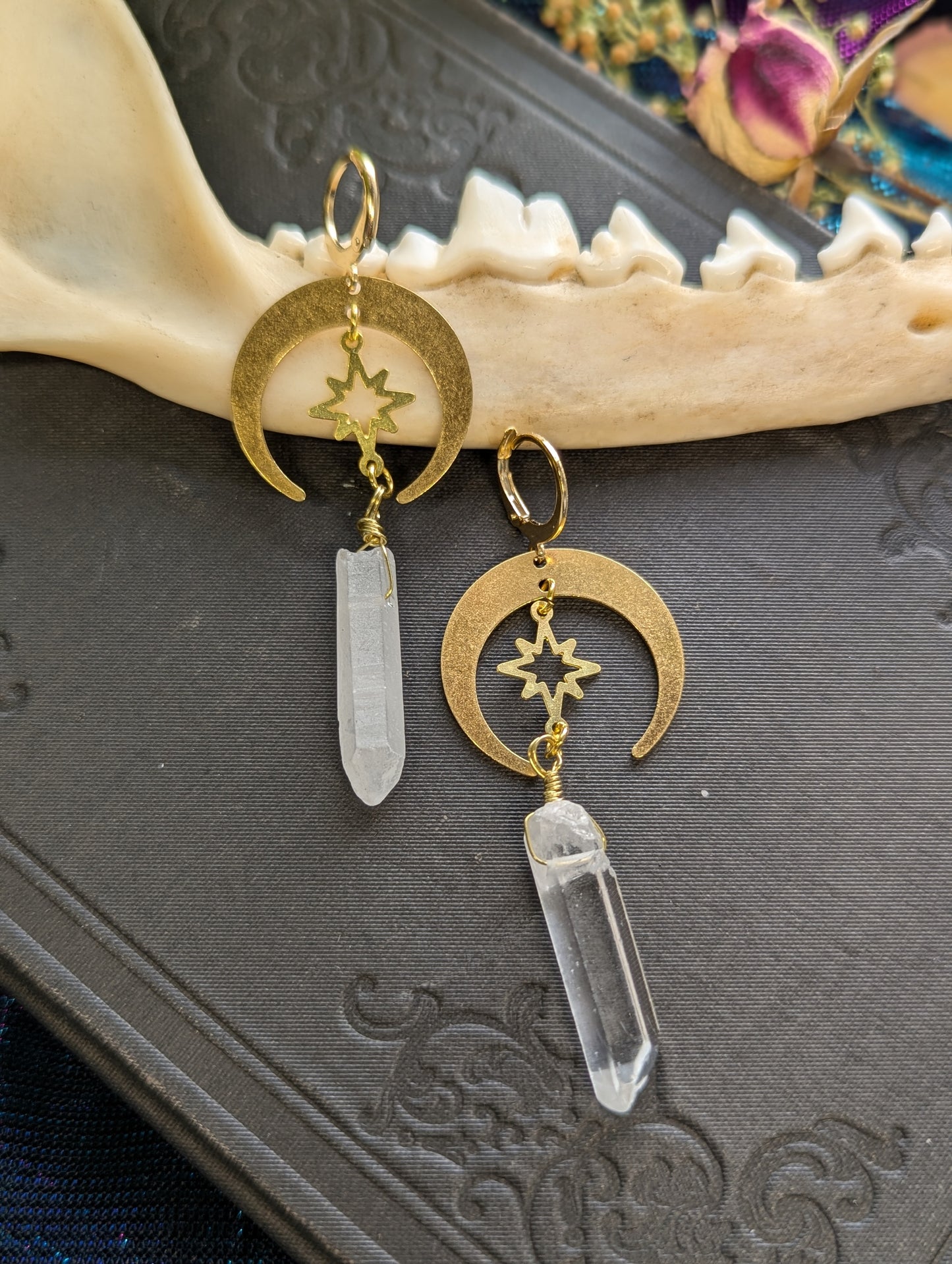 Raw Quartz Crystal Crescent Moon Earrings