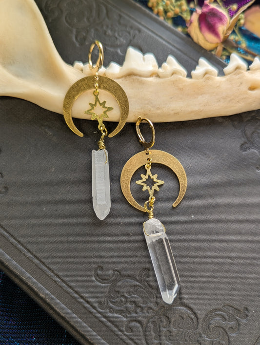 Raw Quartz Crystal Crescent Moon Earrings