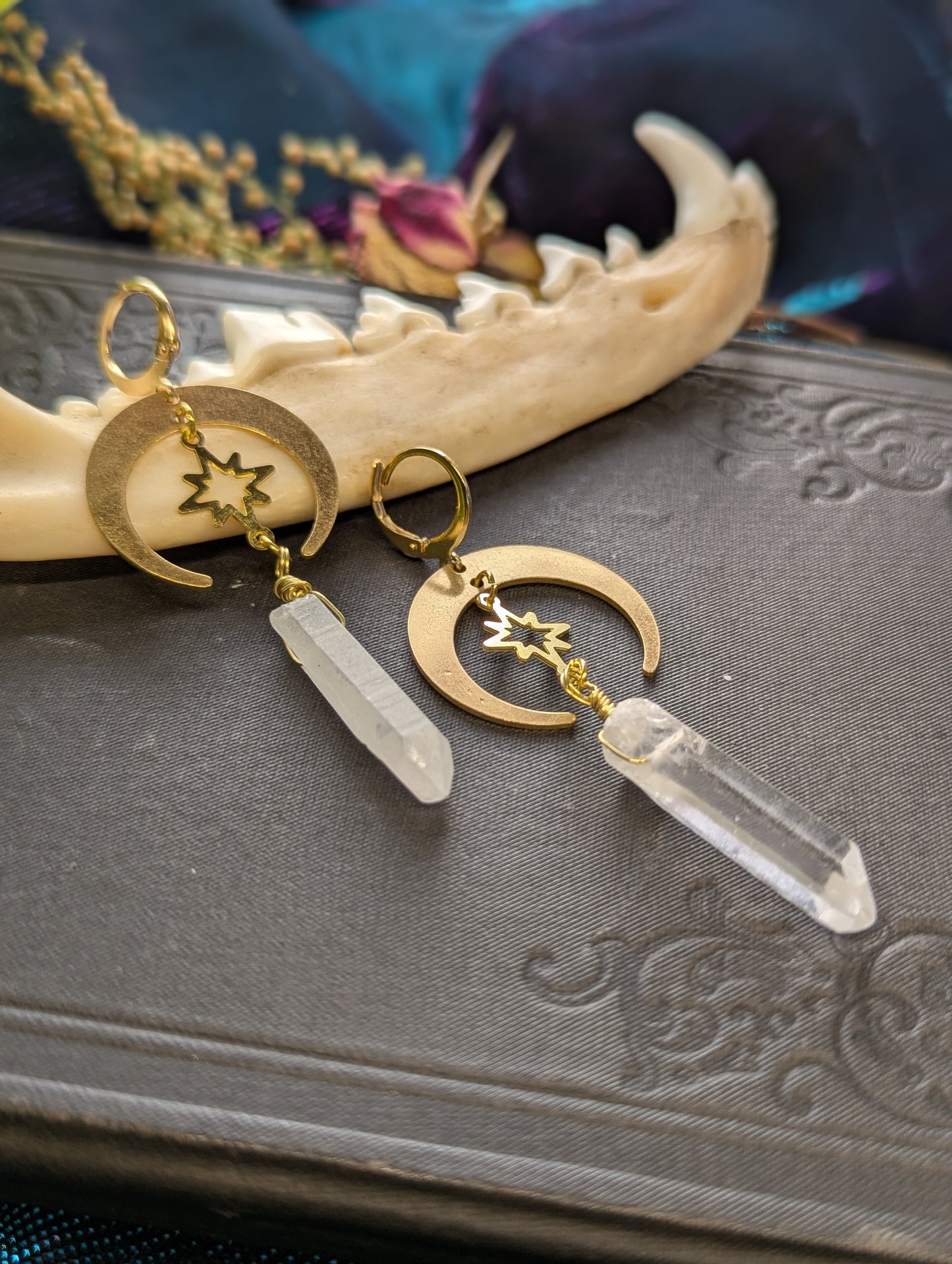 Raw Quartz Crystal Crescent Moon Earrings