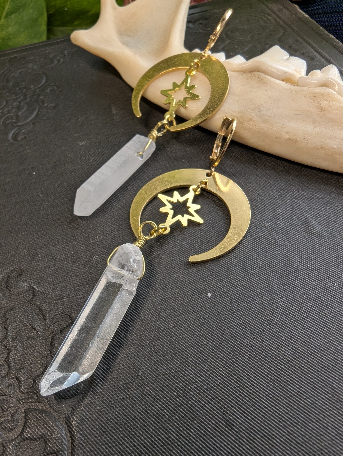 Raw Quartz Crystal Crescent Moon Earrings