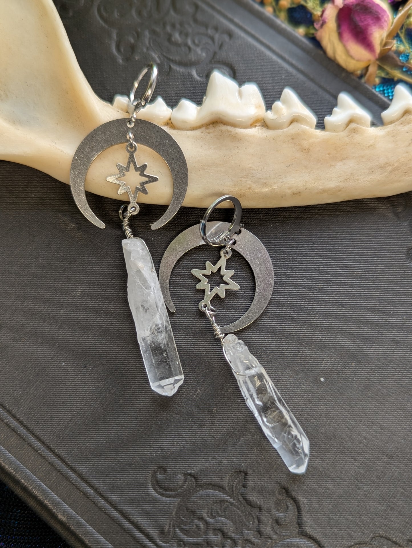 Raw Quartz Crystal Crescent Moon Earrings