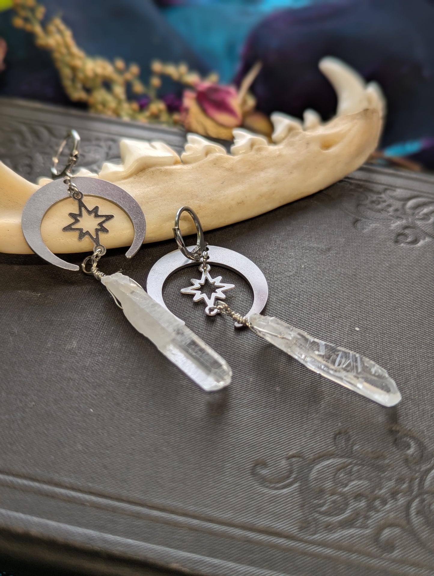 Raw Quartz Crystal Crescent Moon Earrings