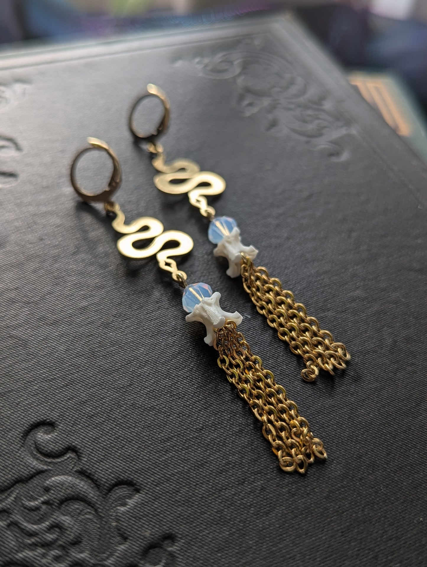 Snake Vertebrae & Opalite Chain Earrings