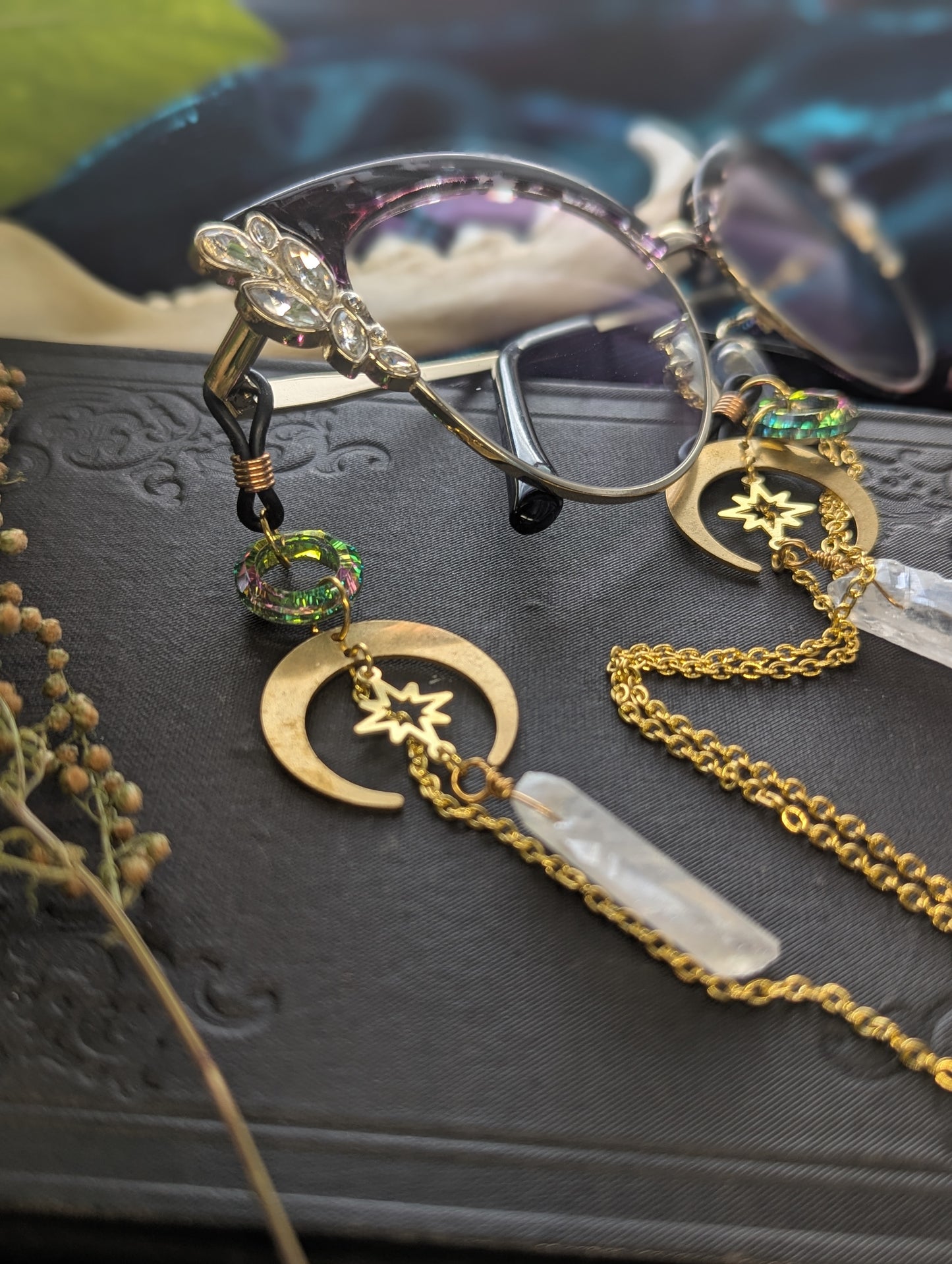 Quartz and Crescent Moon Eyeglasses Chain